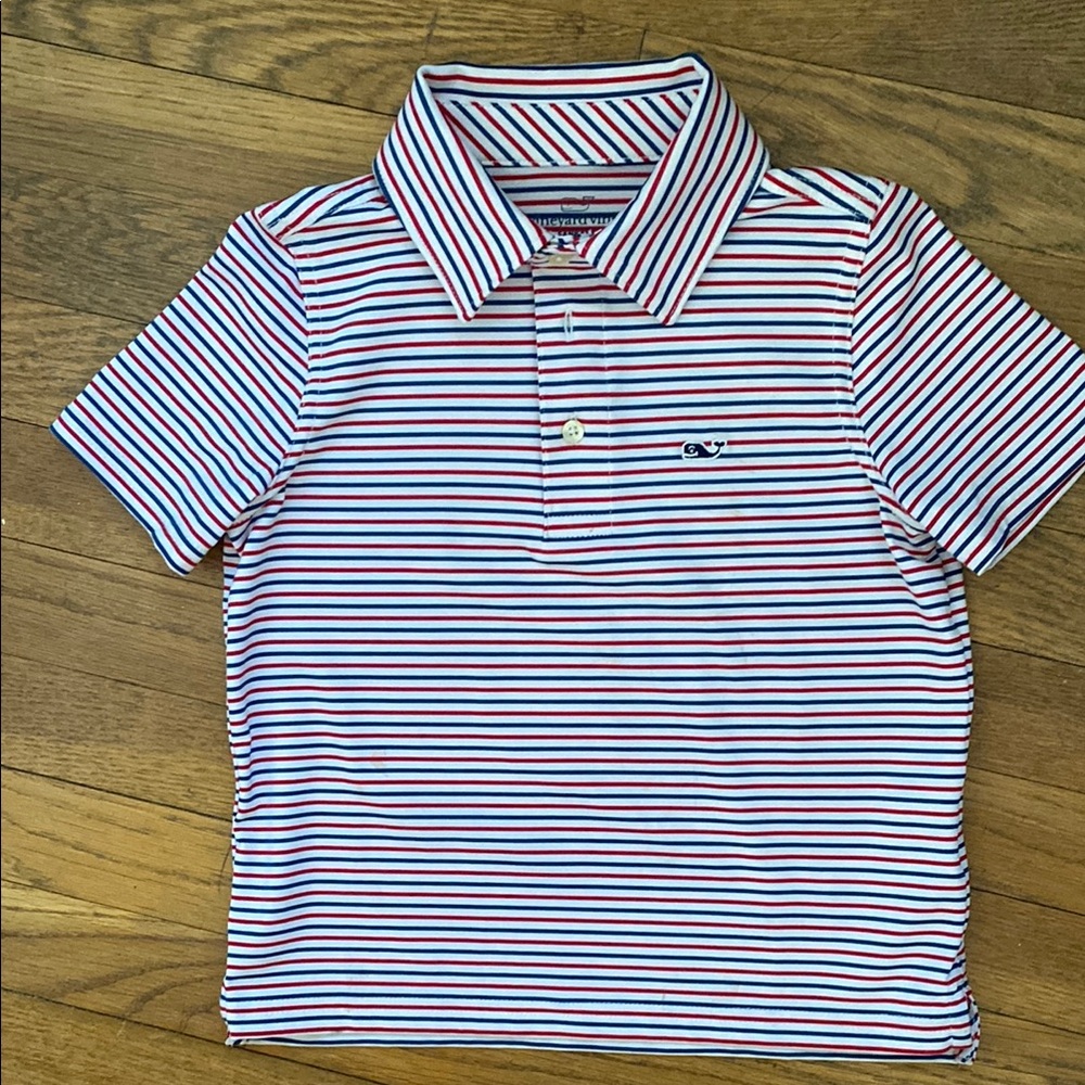 Boys Vineyard Vines Striped Polo Shirt size 5 red, white and blue.